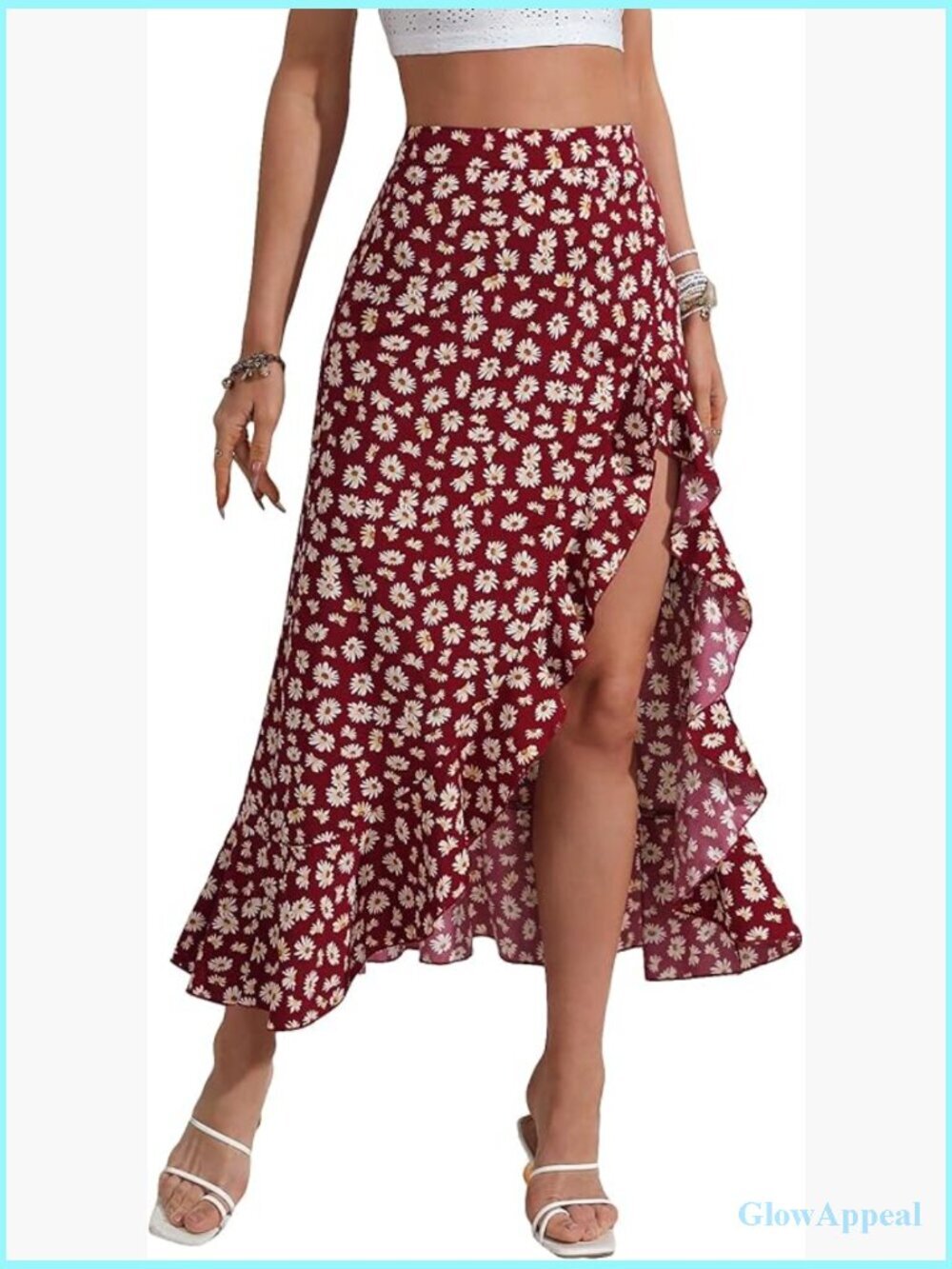 High Waisted Floral Ruffle Maxi Skirt with Slit